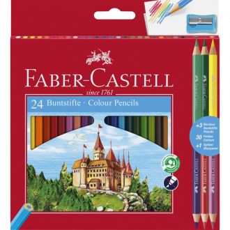 Faber Castell Ξυλομπογιές 24Χρώματα + 3 ξυλομπογιές με διπλή μύτη + ξύστρα 110324